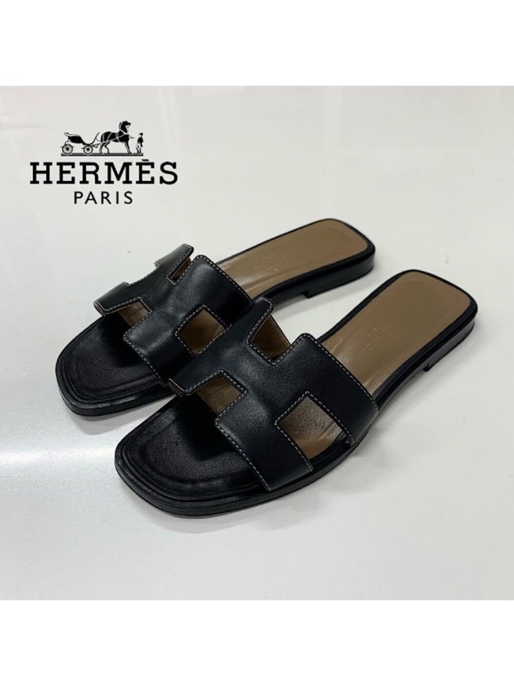 Hermes Oran Leather Sandals Black